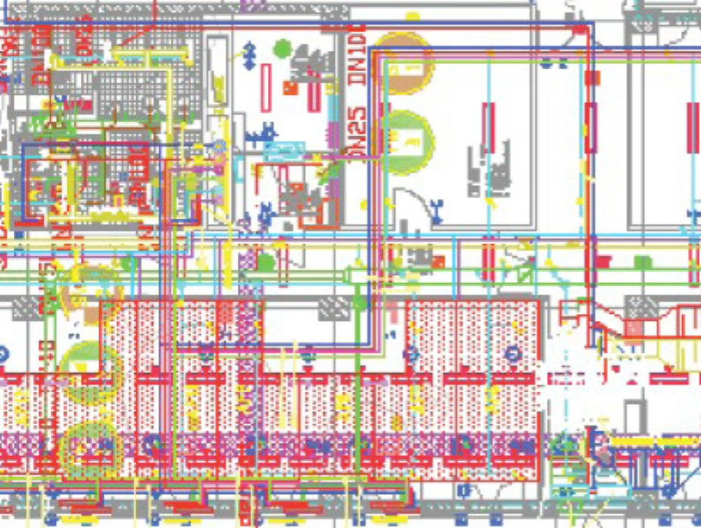 Dense, overlapping 2D building services drawing